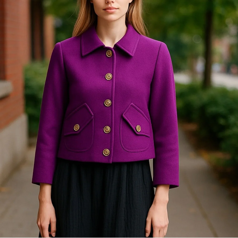 NWOT Carole Wren Purple 3/4 Sleeve Crop Tailored Jacket Coat Embellished Button